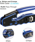 RJ45 Crimping Tool Set Pro Grade Pass Through Ethernet Crimp Tool For CAT5e CAT6 CAT6A CAT7 And RJ11 RJ12 Ergonomic Grip Durable Aluminum Build Quick Strip And Cut Blue B Edition showing side view with blue grip.