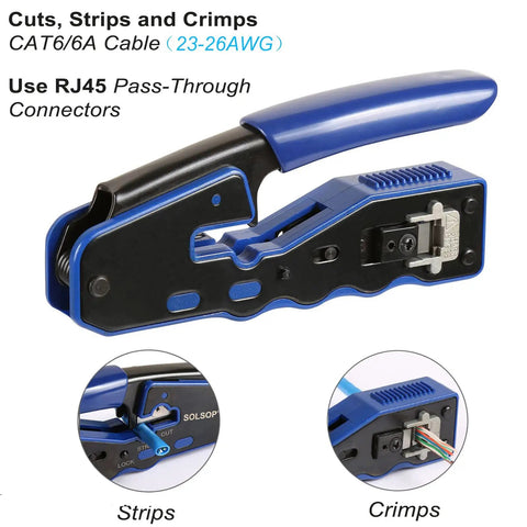RJ45 Crimping Tool Set Pro Grade Pass Through Ethernet Crimp Tool For CAT5e CAT6 CAT6A CAT7 And RJ11 RJ12 Ergonomic Grip Durable Aluminum Build Quick Strip And Cut Blue B Edition showing side view with blue grip.