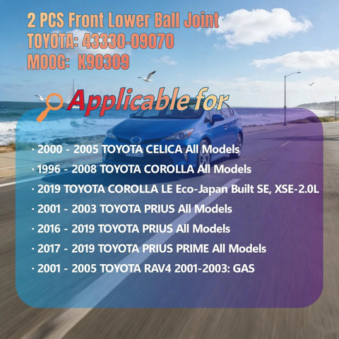 2-pack front lower ball joints for Toyota Celica/Corolla/Prius/RAV4 displayed on a blue banner