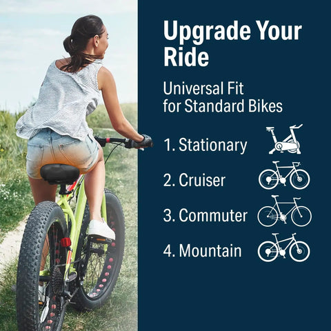 Woman riding bike with Wide Cruiser Bicycle Saddle With Memory Foam Cushion, Steel Spring And Elastomer Suspension