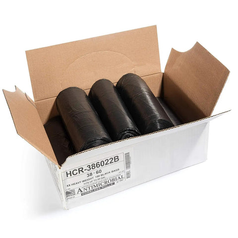 Open box of Heavy Duty Black Trash Bags 60 Gallon 150 Count 22 Micron Equiv 38 By 60 Inches Frustration Free Tough Trash Can Liners