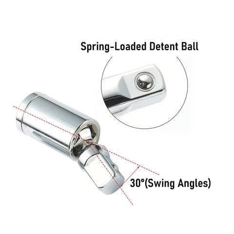 Beefed Up One Quarter Inch Universal Joint Swivel Socket Adapter With 360 Degree Rotating End, Impact Socket Extension, CRV Steel, Heavy Duty Chrome Vanadium Build For Tight Angles, Obstructed Areas, And Narrow Spaces, 30° swivel
