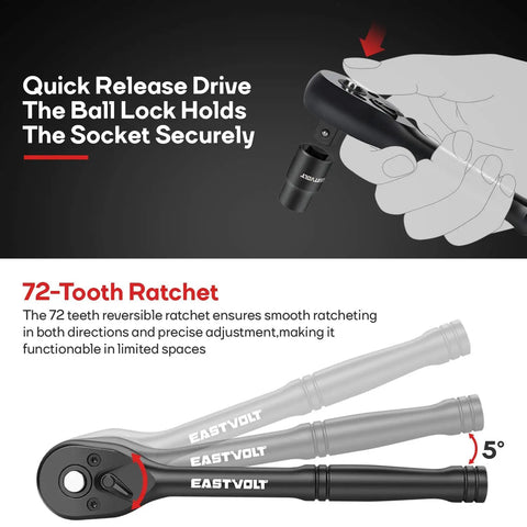 Quick release drive and 72-tooth ratchet of 46 Piece Drive Socket And Ratchet Set With 72 Tooth Reversible Ratchet, Extension Bar Kit And Heavy Duty Storage Case, Metric And SAE Tools For Home Garage And Shop