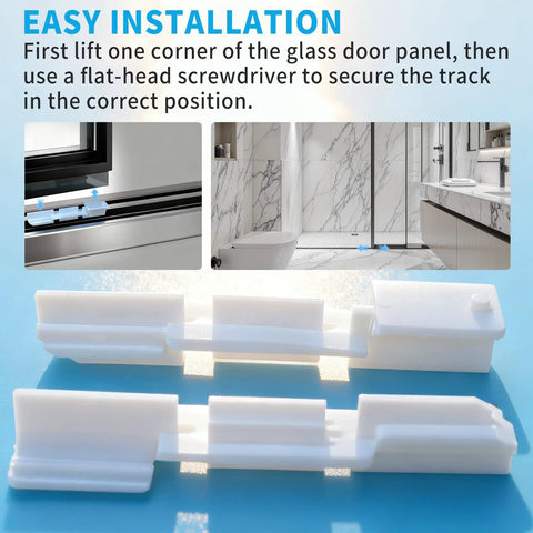 Framed Sliding Shower Door Bottom Guide White For Glass Shower Doors Track Guide Replacement Parts close-up and installed view