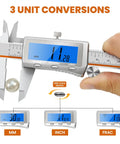 6 Inch Digital Caliper With Rechargeable Battery And Large Backlit LCD For Ultra Precise Measurements In Inches Millimeters And Fractions, Type C Charge, No More Battery Replacements, The Go To Tool For 3D Printing Woodworking And DIY showing mm, inch, frac