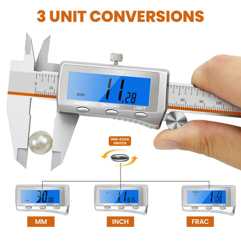 6 Inch Digital Caliper With Rechargeable Battery And Large Backlit LCD For Ultra Precise Measurements In Inches Millimeters And Fractions, Type C Charge, No More Battery Replacements, The Go To Tool For 3D Printing Woodworking And DIY showing mm, inch, frac