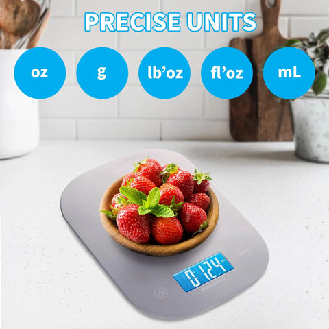 Gray Digital Kitchen Scale For Cookin And Meal Prep, Accurate Grams And Ounces, Calorie Tracking, Portion Control, Baking, Perfect For Food Weight, 5 Kg And 11 Lb Capacity, strawberries in a bowl weighing 0.124 kg.