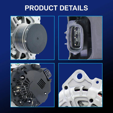 Four close-up views of a 110Amp 12V 3-Pin Drop-In Alternator Replacement showing pulley, connector, rear cover, and mounting bracket details.