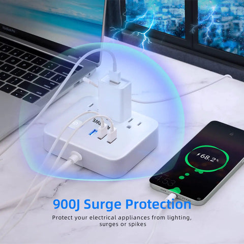 Power Strip Surge Protector With USB Charging Station for safe, stable home office and gaming setups with anti skid pad in use.