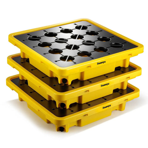 Three Piece Spill Containment Pallet Set With Drain Outlet Heavy Duty 800Kg Capacity Holds One 200L Drum 26.4 X 26.4 Inch Modular Tray