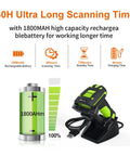 Built Tough Rugged 2D Wireless Barcode Scanner With Charging Dock Bluetooth Drop Resistant Industrial Scanner For QR And 1D Codes Long Range Transmission Up To 1968 Feet 433MHz, showing 30H ultra long scanning time and 1800mAh battery specifications.