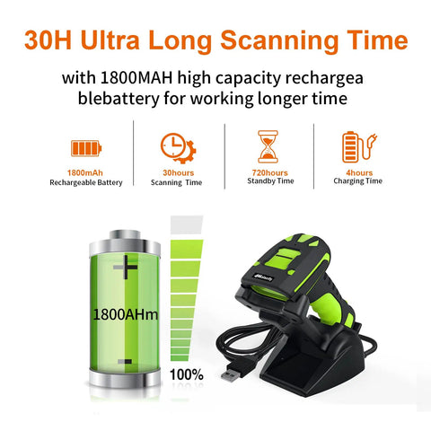 Built Tough Rugged 2D Wireless Barcode Scanner With Charging Dock Bluetooth Drop Resistant Industrial Scanner For QR And 1D Codes Long Range Transmission Up To 1968 Feet 433MHz, showing 30H ultra long scanning time and 1800mAh battery specifications.