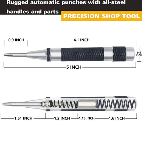 Two Pack Steel Automatic Center Punch With Adjustable Stroke, 5 Inch Length, Spring Loaded, Knurled Steel Handle diagram