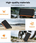 Solar Power Bank 20000mAh With Built In Cables Portable Wireless Charger 15W Fast Charging shown on rocky, sandy, and biking scenes.