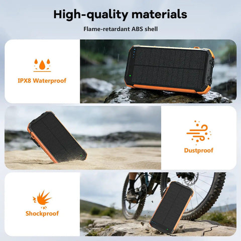 Solar Power Bank 20000mAh With Built In Cables Portable Wireless Charger 15W Fast Charging shown on rocky, sandy, and biking scenes.