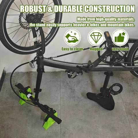 Rock Solid Portable Bike Repair Stand For Electric, Mountain And Road Bikes holding a black bicycle with green foot stabilizers