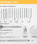 12 Piece Spark Plug Socket Set With 3/8 Inch Drive, Ratchet Handle, Universal Joint, Extension Bar And Gap Tool package