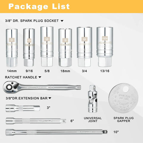 12 Piece Spark Plug Socket Set With 3/8 Inch Drive, Ratchet Handle, Universal Joint, Extension Bar And Gap Tool package