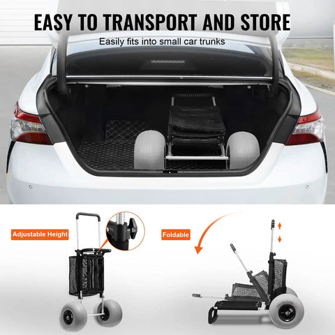 Beach Cart With Balloon Wheels And Large Deck For Sand Heavy Duty Load Up To 165 Pounds Adjustable Height From 27 To 44.7 Inches Folded into car trunk