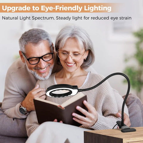 Couple reading with USB Clip On Handy Magnifier Lamp With 3.2 Inch Lens And 62 High CRI LEDs 10X Magnification by sofa
