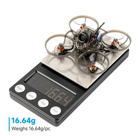 Air65 II Brushless Whoop Quadcopter For 1S 65mm Micro FPV Ultralight Pocket Sized Power weighing 16.64g on digital scale