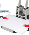 Heavy Duty Two Hole Paper Punch For 100 Sheets Of Paper With Hollow Core Technology and Samurai Steel Heads in use with self-centering gauge.