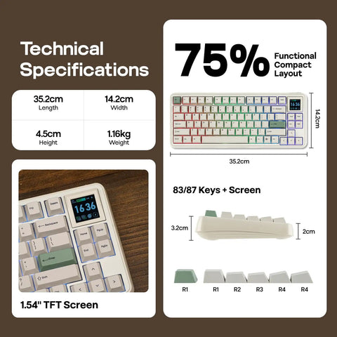 Slick Retro Wireless Mechanical Keyboard Featuring Hot Swap Switches And Compact Display Screen For Epic Gamer Desk Setup With Dope Typing Feel Rad Fern Green Color Palette Cool Workspace Essential showing technical specifications including size.