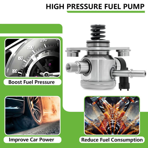 Chevrolet High Pressure Fuel Pump 12641847 Fits 2010 2017 Equinox Malibu Impala Captiva Sport GMC Terrain Buick LaCrosse Verano Regal 2 4 L Engine Fuel Delivery Pump Replacement HM10008 EP1028 GDP103 12633115 12608371 image with gauge, car tire, and engine illustrations.