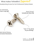 Shop Ready European Concealed Cabinet Hinge Screws 1000 Count Flat Head Phillips Type 17 Tip, nickel plated carbon steel screws.