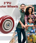 4 Pack 3 Inch PU Caster Wheels With 3 By 8 Bore Heavy Duty Plate Casters For Platform Trucks And Trolleys, red wheel close-up
