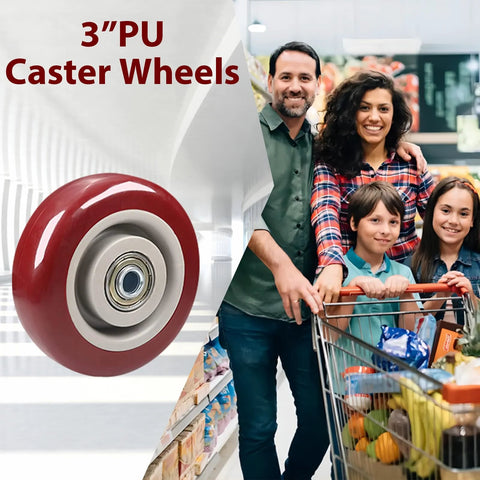 4 Pack 3 Inch PU Caster Wheels With 3 By 8 Bore Heavy Duty Plate Casters For Platform Trucks And Trolleys, red wheel close-up