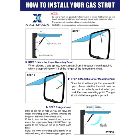 Installation steps for Two Pack 7 Inch Lift Supports Gas Struts 11 Lb With Mounting Brackets Universal For Car Hood And Tailgate