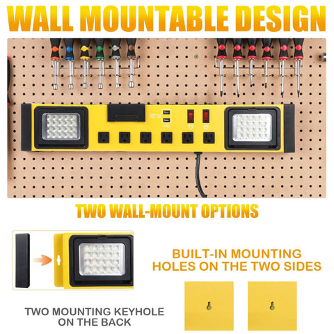 Heavy Duty Six Outlet Power Strip With Bright Led Worklight And Dual Usb Charging Ports For Fast Device Connections on wall mount.