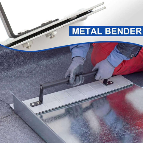 Using 18 Inch Sheet Metal Folding Tool Steel Bender for standing seam roofing and HVAC ducting fabrication, heavy duty tool for pros.
