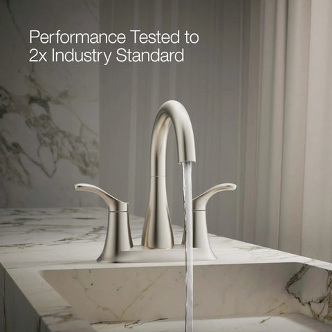 Simplice Centerset Two Handle Bathroom Sink Faucet With Clicker Drain 1.0 GPM Water Flow Modern Vanity Faucet In Vibrant Brushed Nickel Finish on marble countertop