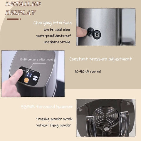 Pro Rigged Stainless Steel Coffee Tamper 58Mm Onboard Digital Scale showing pressure adjustment controls and charging interface.