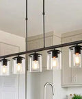 Black Farmhouse Style 5 Light Chandelier For Kitchen Island And Dining Table With Clear Glass Shades 37 Inch Linear Lighting