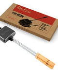 Cast Iron Pudgy Pie Maker For Campfire And Outdoors With Extended Handle with box, showcasing pre-seasoned pie iron.