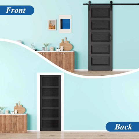 30 Inch By 84 Inch Sliding Barn Door With Hardware Kit Black Finish Sleek Modern Five Lite Panel Waterproof PVC Surface Installed