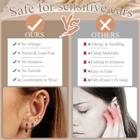 Black Flat Back Earrings For Sensitive Ears Hypoallergenic Surgical Steel Jewelry 316L Stainless Steel Nickel Free And Tarnish Resistant Comfortable All Day Wear With Opal Inlay And AAA Cubic Zirconia, flat-back hoops and studs
