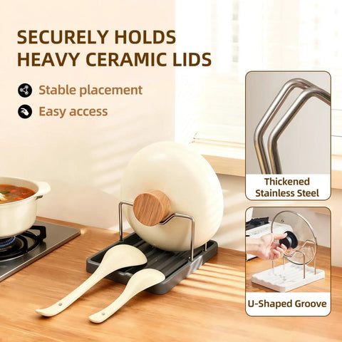 Handy Dandy Two In One Spoon Rest And Pot Lid Holder For Kitchen Counter with ceramic lid, stainless steel rack and spoons.