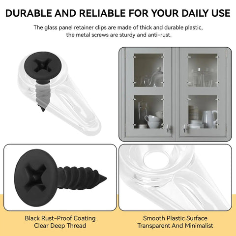 50 Pack Clear Flush Cabinet Glass Retainer Clips With 16Mm Screws Heavy Duty Snap Lock showing clear clip and black screw, for secure glass mounting.