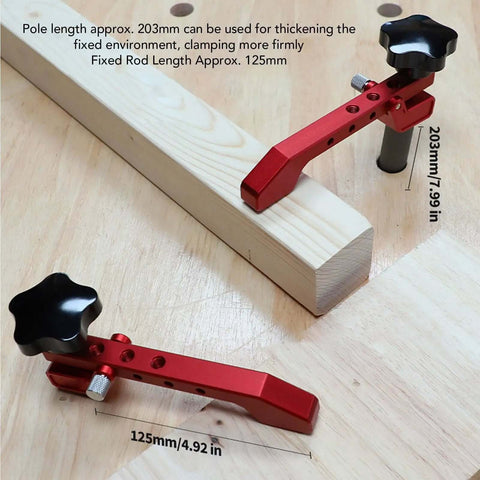 Heavy-Duty Benchtop Quick Clamp with 20mm extended aluminum alloy build, shown clamping a wooden board, two dovetail pins visible.