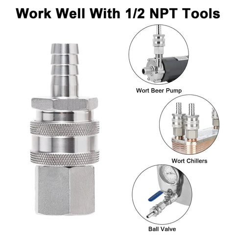 Two Pack Quick Disconnects For Homebrewing 304 Stainless Steel One Half Inch Male FPT To Barb Female Connectors For Wort Transfer