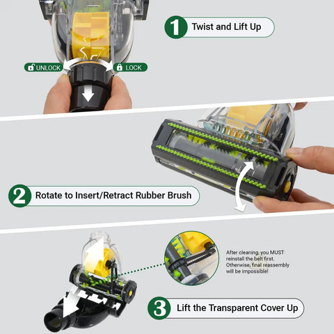 Universal Mini Turbo Brush Attachment For 32mm To 35mm Vacuum Cleaners showing how to unlock, rotate and lift parts