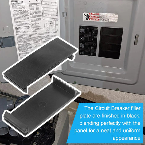 Knockout One Inch Breaker Filler Plates 10 Pack Universal Circuit Breaker Covers installed in an electrical panel, black finish.