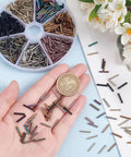 623 Pieces Glass Bugle Beads Set In Seven Dope Metallic Colors shown in hand and organizer, ideal for DIY jewelry making.