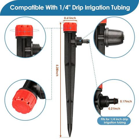 Red emitter from 50 Pack Drip Emitters With Stakes For 1/4 Inch Tubing Adjustable 360 Degree Water Flow Universal Sprayers For Garden Irrigation