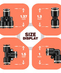 Four views of Three Eighths Inch Push To Connect Air Fittings Heavy Duty Y Splitter Union Quick Connect Pneumatic Fittings size display
