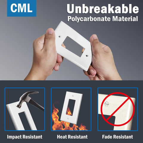 Hands bending Jumbo Decorator Wall Plate Six Pack Oversized 1 Gang White Outlet Covers 3.5 By 5.5 Inches demonstrating impact resistance.